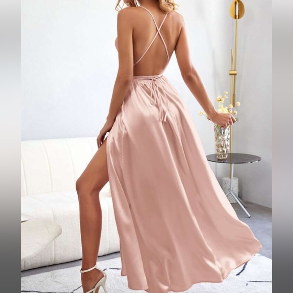 Criss Cross Tie Backless Wrap Hem Satin Cami Dress - Picture 2 of 4